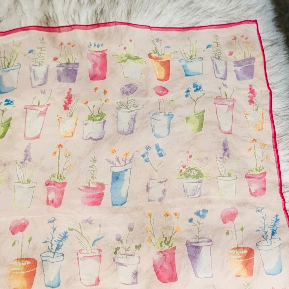 Vintage Echo Silk Head & Neck Scarf Potted Flowers Hot Pink Border - Picture 5 of 7